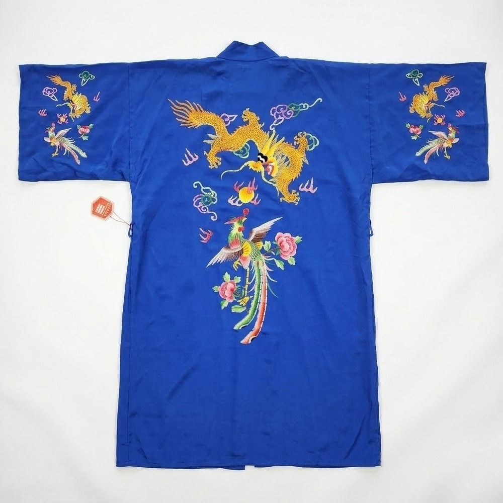 Vintage 100% Silk Kimono Robe Womens L Blue Embroidered Dragon Phoenix Luxury